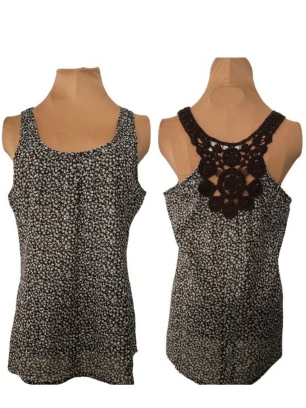 Y2K Vintage DCC Missy Brown Floral Tank Crochet Racerback Boho Top Size Small